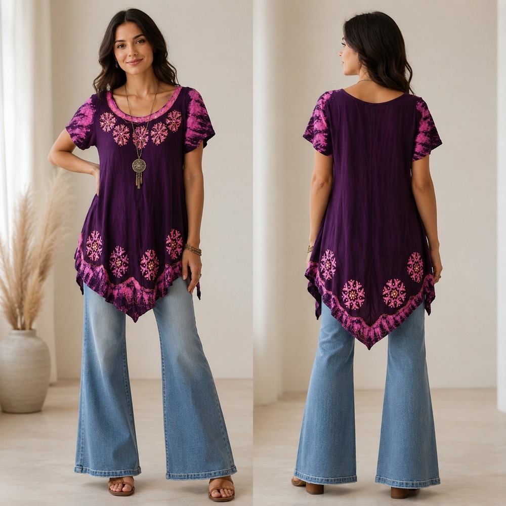 Sunflower Womens Free Size Purple Tie Dye Embroidered Blouse Boho Hippie Top M